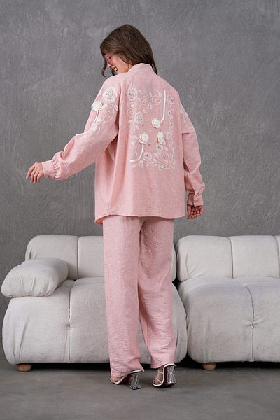 Miss Allos Women's Linen Kimono Jacket and Pants Bottom Top Suit with Embroidered Rose Flower Accessories on the Back and Sleeves