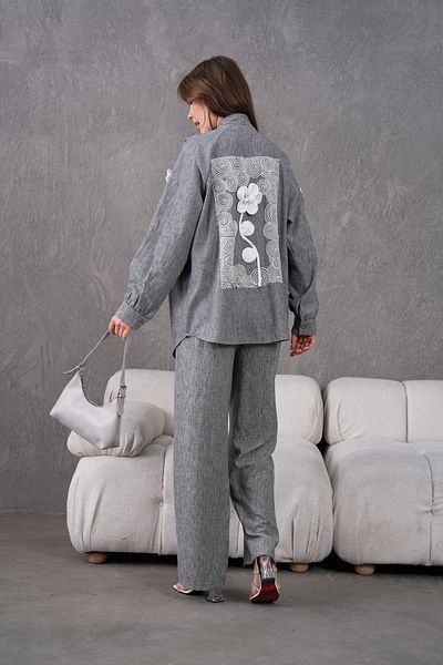 Miss Allos Women's Back and Sleeves Embroidered Floral Accessories Linen Kimono Jacket and Pants Bottom Top Set