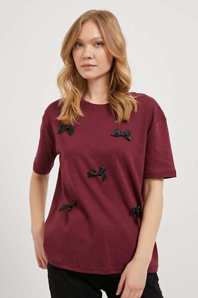 Arma Life Γυναικείο κοντομάνικο μπλουζάκι με φιόγκο Basic καλοκαιρινό μπορντό