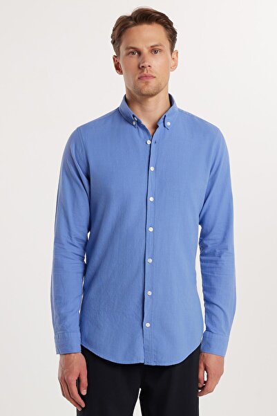 Tudors Cămașă pentru bărbați, slim fit, 100% bumbac, in, textura, guler cu nasturi, albastru închis