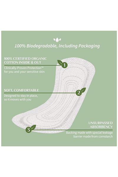 Organyc Flat Panty Liner - Everyday Sanitary Pad, Maxi Flow, 6 Pack (total 120 Count)
