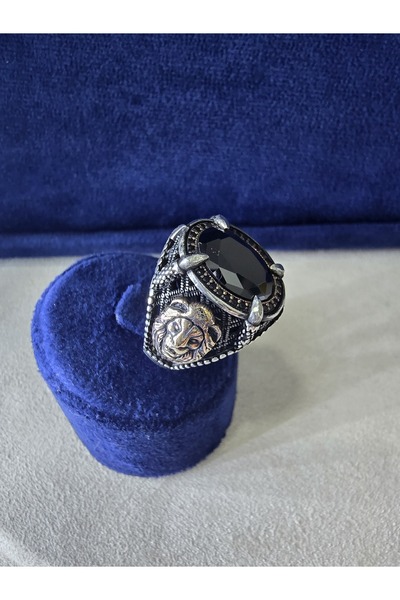 HAN GÜMÜŞ ONİKS TAŞI ASLAN DETAYLI ERKEK YÜZÜK , 925 AYAR GÜMÜŞ