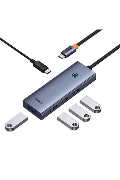 Baseus Hub Baseus UltraJoy 5-în-1, USB-C la 4 x USB 3.0, 1 x USB-C, 100 W (Gri)