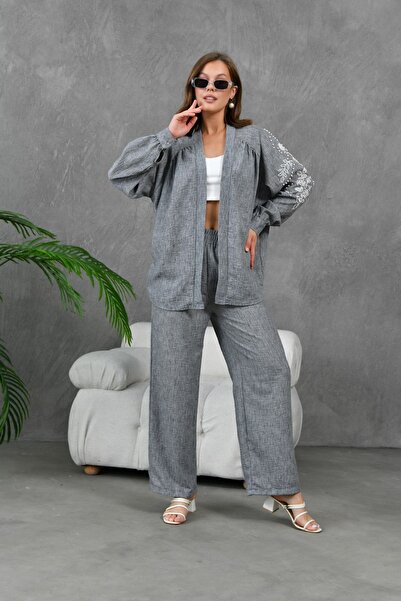 Miss Allos Linen Kimono Jacket and Trousers Set with Embroidery Detail - Women