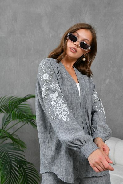 Miss Allos Set jachetă și pantaloni kimono din in cu detaliu broderie - Femei
