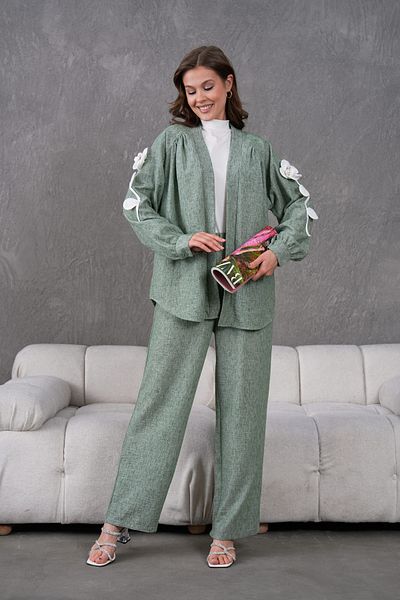 Miss Allos Women's Back and Sleeves Embroidered Floral Accessories Linen Kimono Jacket and Pants Bottom Top Set