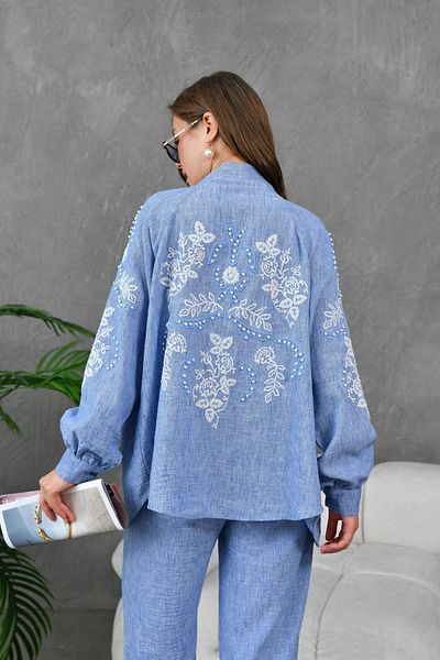 Miss Allos Linen Kimono Jacket and Trousers Set with Embroidery Detail - Women