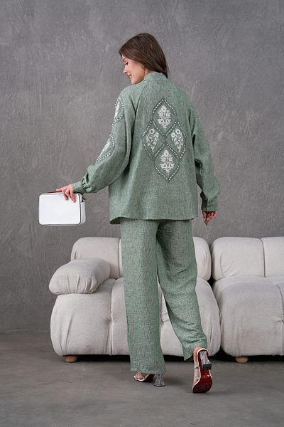 Miss Allos Women's Linen Kimono Jacket and Trousers Bottom Top Set with Embroidered Pearl Detail on the Back and Sleeves