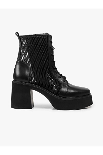 Favgi Villa Siyah Deri Siyah File Kadın Yazlık Bot