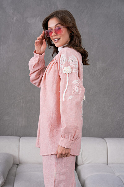 Miss Allos Γυναικείο κέντημα στην πλάτη και στα μανίκια με αξεσουάρ τριαντάφυλλου λουλουδιών λινό κιμονό μπουφάν και παντελόνι κάτω σετ