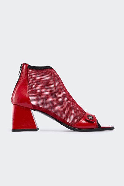 Abril Red Patterned Red Fishnet Women's High Heel Sandals