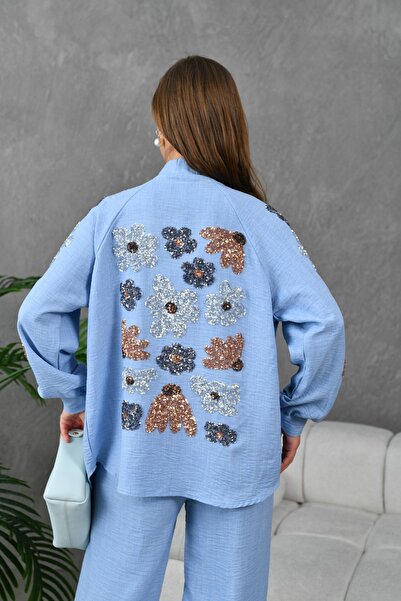 Miss Allos Women's Back and Sleeves Sequin Sequin Embroidered Linen Kimono Coat and Pants Bottom Top Suit