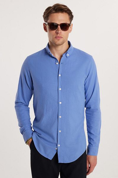 Tudors Cămașă pentru bărbați, slim fit, 100% bumbac, in, textura, guler cu nasturi, albastru închis
