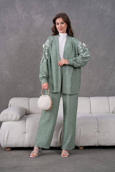 Miss Allos Women's Linen Kimono Jacket and Pants Bottom Top Suit with Embroidered Rose Flower Accessories on the Back and Sleeves