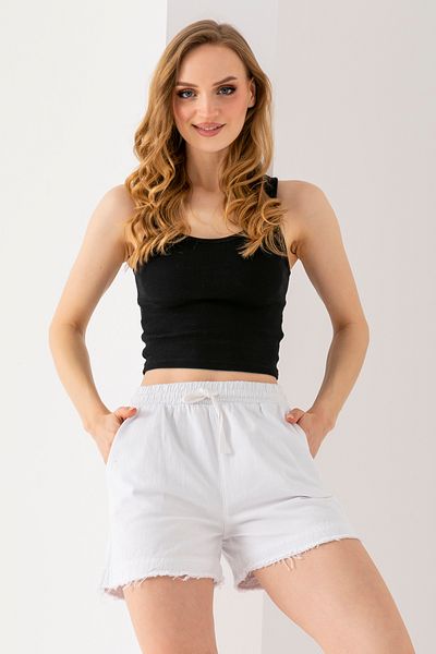 GİYSA Women's Elastic Waist Pocket Dirty Leg Short Shorts White - 25Yp 5322