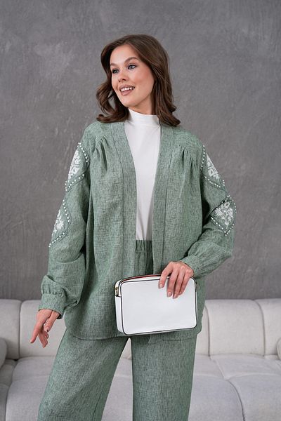 Miss Allos Women's Linen Kimono Jacket and Trousers Bottom Top Set with Embroidered Pearl Detail on the Back and Sleeves