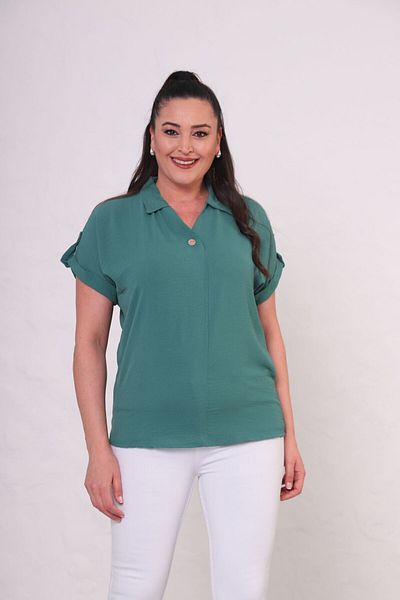 tarzımsüper Women's Plus Size Polo Neck Sleeve Part Buttoned Shirt Blouse
