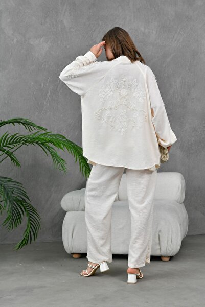 Miss Allos طقم كيمونو نسائي جاكيت وسروال من الكتان بتفاصيل مطرزة