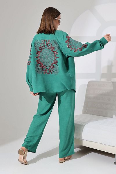 Miss Allos Linen Kimono Jacket and Trousers Set - Sequin Embroidered on the Back and Sleeves
