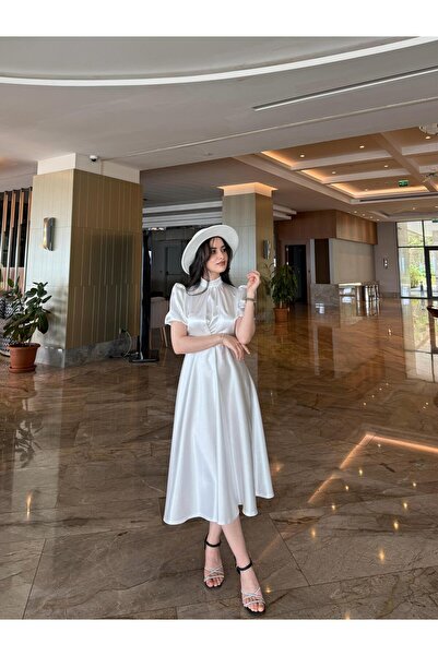 Sheeny Nil White Flared φούστα Midi μήκους κοντό μανίκι όρθιο γιακά σατέν βραδινό φόρεμα 583315