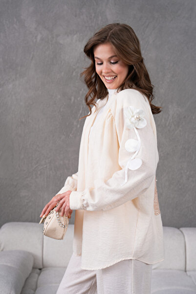 Miss Allos Women's Back and Sleeves Embroidered Floral Accessories Linen Kimono Jacket and Pants Bottom Top Set