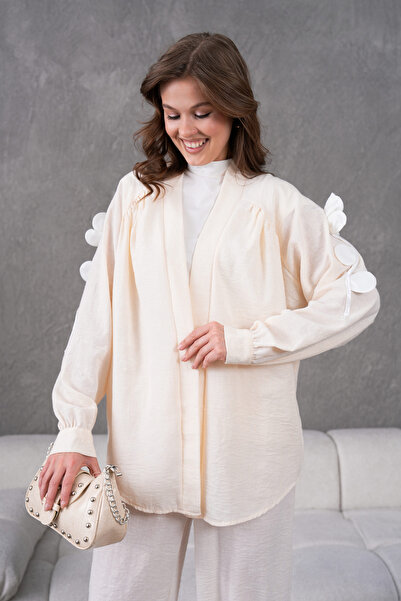 Miss Allos Women's Back and Sleeves Embroidered Floral Accessories Linen Kimono Jacket and Pants Bottom Top Set