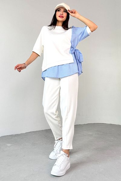 Cappmoda TKM-13254 Λευκό πουκάμισο ζωσμένο μπλούζα με ζώνη ελαστικό παντελόνι Σετ δύο τεμαχίων