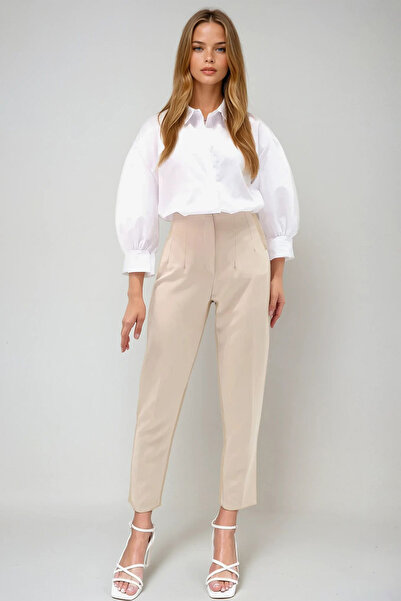 VAGGON Women's Beige High Waist Carrot Pants Prmx12656