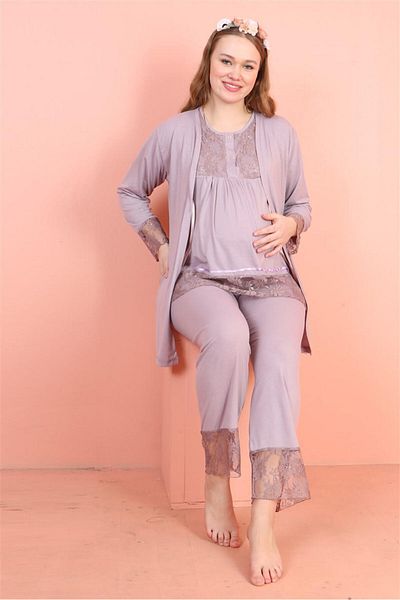 JENİKA Maternity Long Sleeve Dressing Gown Lace Detailed Openable Buttoned 3-Piece Pajama Set