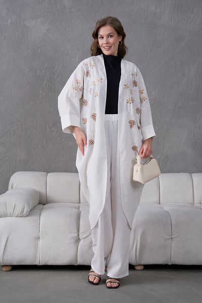 Miss Allos Women's Front Embroidered Pearl Detailed Linen Kimono and Pant Bottom Top Set