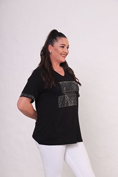 tarzımsüper Women's Plus Size Ethnic Stone Detailed Short Sleeve T-Shirt