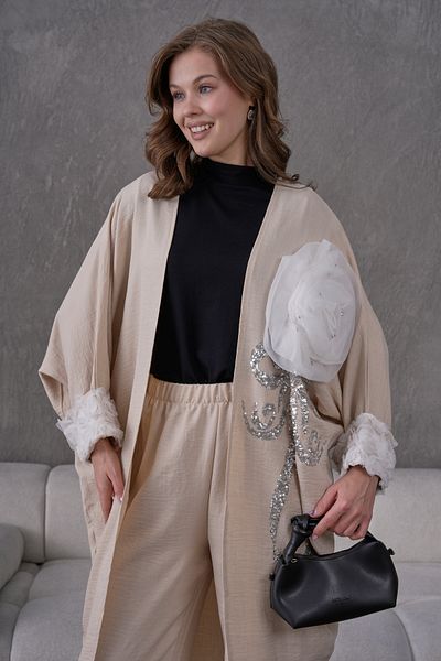 Miss Allos Women's Front Sequin Sequin Embroidered Flower and Stone Embroidered Linen Kimono Cardigan and Pants Bottom Top Set