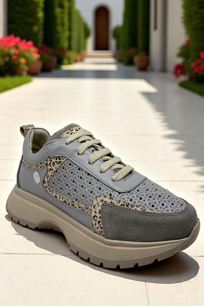 Mammamia D25Ya-7325 Gray Leopard Pattern Women's Sneaker Genuine Leather Full Orthopedic Casual Daily Women's Footwear