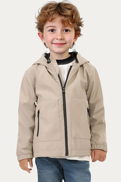 Montland Boy's Stone Lined Water and Windproof Hooded Double Zipper Pocket Raincoat
