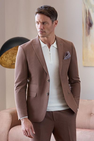 İmza Tan Stripe Mono Neck Slim Fit Suit - Lined, 6 Drop, Slim Fit 1001245106