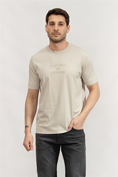 Emporio Armani Erkek Normal Kesim Yuvarlak Yaka %100 Pamuklu Kısa Kollu Bej T...
