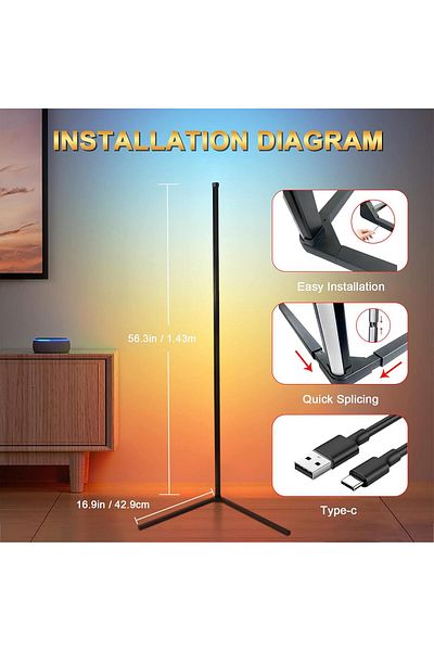COOYA RGB Corner Floor Lamp, With Music, LED Minimalist Nordic, Timer Smart App Control, Black