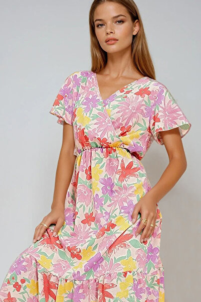 VAGGON Women's Lilac Floral Patterned Double-Breasted Maxi Length Dress Vgn-X4373