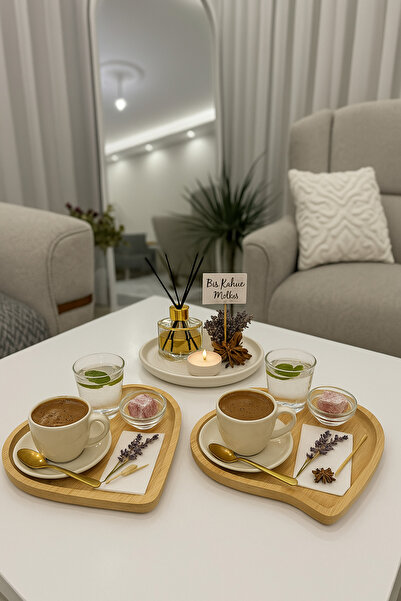 wellhome Dekoratif Kalpli Sunumluk Bambu 2 li Takım / Kalpli Bambu İkili Kahve Sunumluk