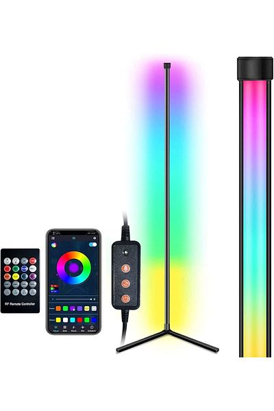 COOYA مصباح أرضي زاوية LED RGB، مع وحدة تحكم، 3 أوضاع تحكم، 256 تأثيرًا ديناميكيًا، أسود