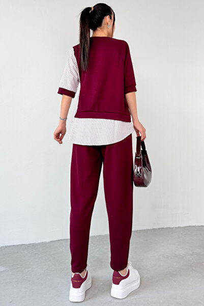 Cappmoda TKM-13254 Μπλούζα με ζώνη με μπορντό πουκάμισο και ελαστικό παντελόνι Σετ δύο τεμαχίων