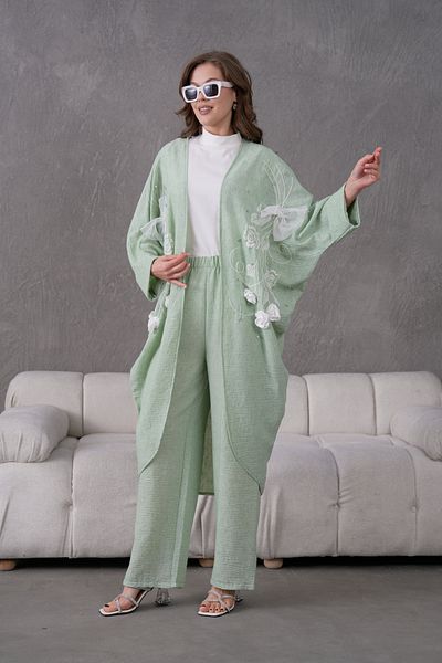 Miss Allos Women's Front Embroidered Rose Flower and Stone Embroidered Linen Kimono Cardigan and Pants Bottom Top Set