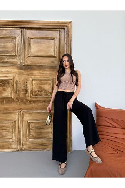 Ozy Fashion Black Elastic Waist Wide Leg Trousers Viscos-444
