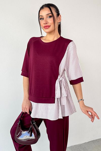 Cappmoda TKM-13254 Cămașă roșie Claret Bluză cu curea Pantaloni elastici Set din două piese