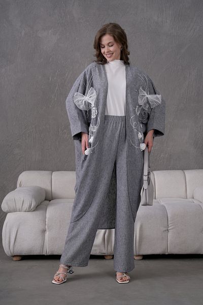 Miss Allos Women's Front Embroidered Rose Flower and Stone Embroidered Linen Kimono Cardigan and Pants Bottom Top Set