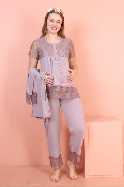 JENİKA Maternity Long Sleeve Dressing Gown Lace Detailed Openable Buttoned 3-Piece Pajama Set