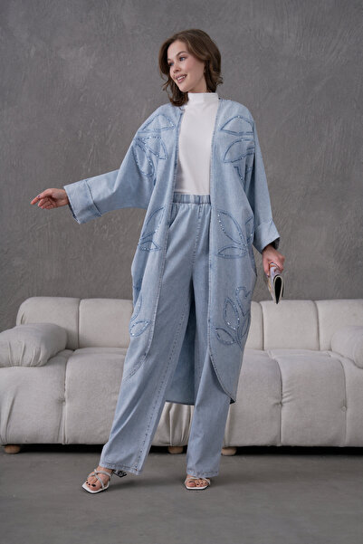 Miss Allos Women's Sequin Embroidered Denim Kimono Cardigan and Trouser Top Set