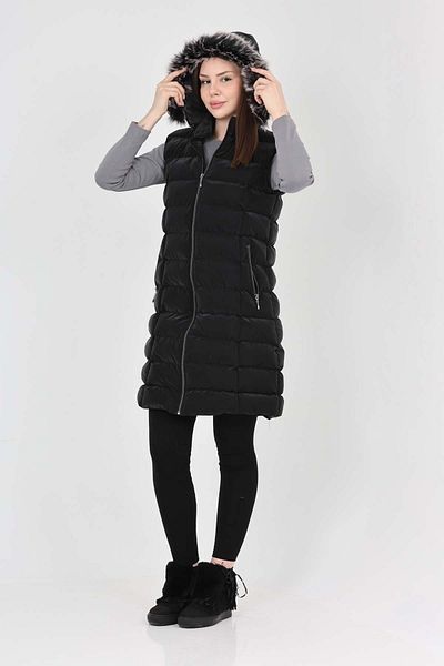 S&V TEKSTİL Women's Nova Shiny Black Inflatable Long Vest Coat