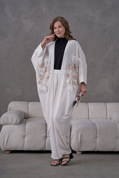Miss Allos Women's Front Embroidered Rose Flower and Stone Embroidered Linen Kimono Cardigan and Pants Bottom Top Set