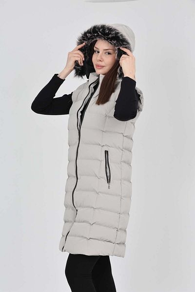 S&V TEKSTİL Women's Nova Shiny Ecru Inflatable Long Vest Coat